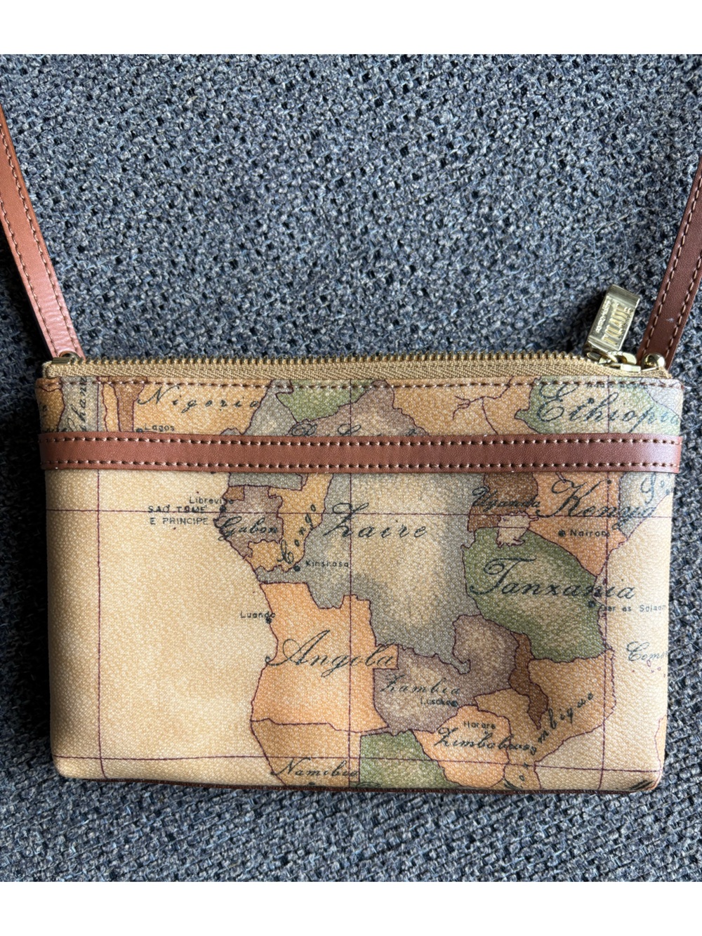 Alviero Martini Tan Map-Print Crossbody with Brown Trim and Gold Hardware